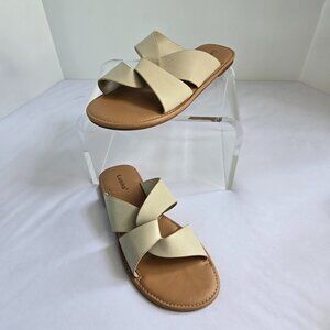 LUOIKA Women Flat Strappy Slides Sandals WW Slip On  Shoe  Sz 10.5 XW  Beige